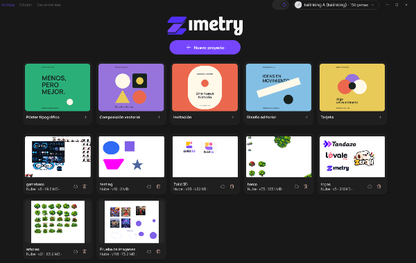 Inicio de Zimetry en tema oscuro con plantillas y proyectos guardados