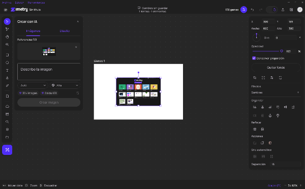 Panel Crear con IA de Zimetry con una imagen de referencia y el campo para describir una imagen