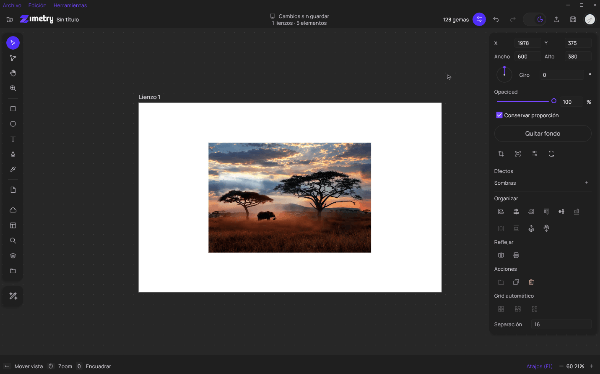 Editor de Zimetry en tema oscuro con una fotografía en el lienzo y controles de imagen a la derecha